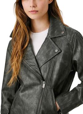 Veste de motard Pepe Jeans Stacy en simili cuir noir pour femme.