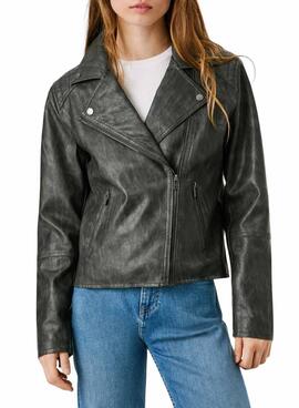 Veste de motard Pepe Jeans Stacy en simili cuir noir pour femme.