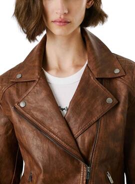Veste de moto Pepe Jeans Stacy en simili cuir marron pour femme