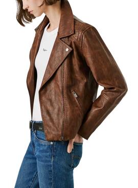 Veste de moto Pepe Jeans Stacy en simili cuir marron pour femme