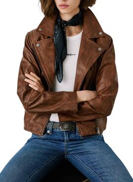 Veste de moto Pepe Jeans Stacy en simili cuir marron pour femme