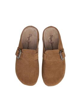 Sabots Pepe Jeans Corby en daim camel pour femme.