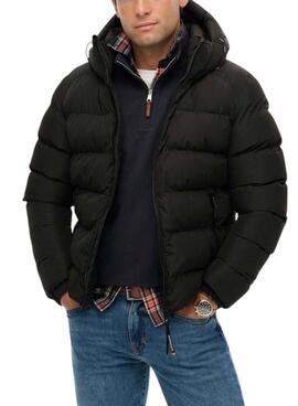 Veste matelassée à capuche Superdry Hooded Sports Puffer noire pour homme.