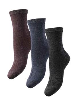 Pack de 3 calcetines Pieces Shirley brillantes multicolores para mujer.