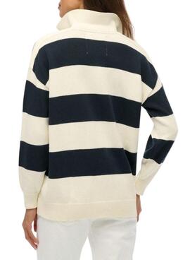 Maillot Superdry Slouchy à rayures rugby marine et beige pour femme.