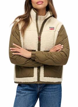 Veste polaire Superdry Fleece Hybrid beige et vert pour femme.