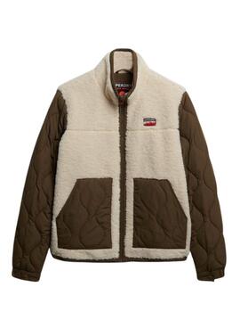 Veste polaire Superdry Fleece Hybrid beige et vert pour femme.