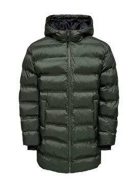 Manteau matelassé Only and Sons Union avec capuche verte pour homme