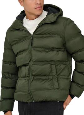 Veste matelassée à capuche verte pour homme Only and Sons Union.