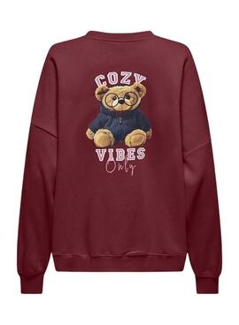 Sweat à capuche Only Bila avec motif d'ours bordeaux pour femme.