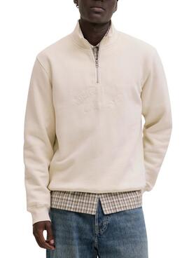 Sweat à capuche Jack and Jones Bleecker beige pour homme.
