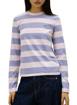 Maillot Tommy Jeans à rayures mauves à manches longues pour femme.