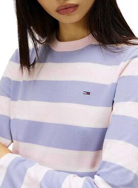 Maillot Tommy Jeans à rayures mauves à manches longues pour femme.