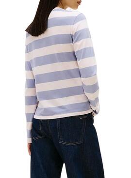 Maillot Tommy Jeans à rayures mauves à manches longues pour femme.