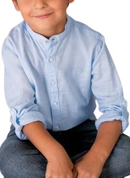 Chemise Mayoral en lin bleu à col Mao pour garçon