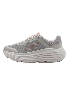 Chaussures Skechers Max Cushioning gris et rose pour femme.