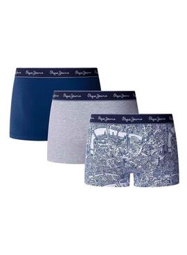 Trois boxers Pepe Jeans Map bleus et gris pour homme.