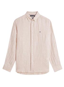 Chemise en lin Tommy Hilfiger à rayures bengales en couleur marron pour homme.
