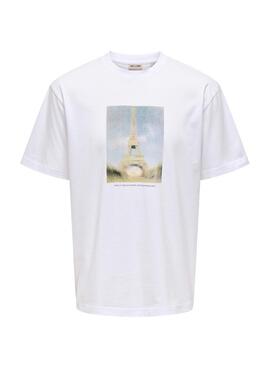 T-shirt Only and Sons Fred Eiffel blanc pour homme