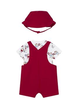 Ensemble Mayoral avec salopette rouge, T-shirt imprimé et bonnet pour bébé.