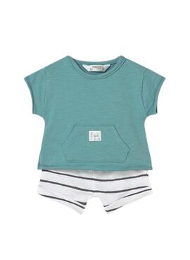 Ensemble de 4 pièces pour bébé, comprenant des t-shirts et des shorts verts d'eau et gris.