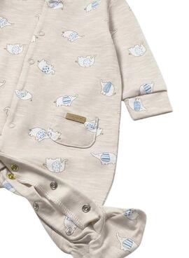 Ensemble grenouillère et bonnet Mayoral imprimé éléphants sable pour bébé