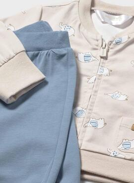 Ensemble 3 pièces Mayoral, sweat-shirt imprimé et pantalon bleu pour bébé.