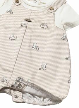 Ensemble barboteuse à rayures Mayoral avec un t-shirt blanc cassé pour bébé.