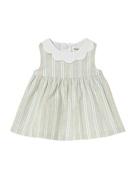 Robe Mayoral à rayures vert d'eau et beige pour bébé.