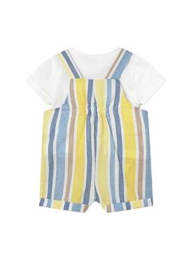 Ensemble de salopette rayée jaune et bleue pour bébé.