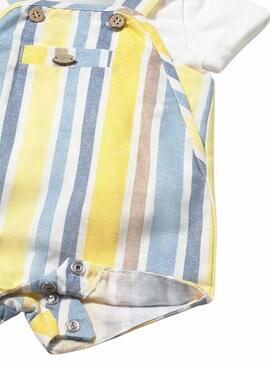 Ensemble de salopette rayée jaune et bleue pour bébé.