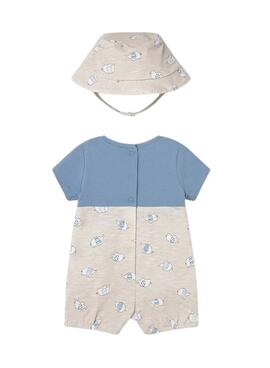 Ensemble Mayoral salopette éléphants beige et bleu avec bonnet pour bébé