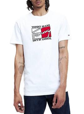 T-Shirt Tomy Jeans Flag Script Blanc Pour Homme