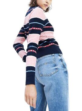 Pull Tommy Jeans Logo Stripe Pink Pour Femme