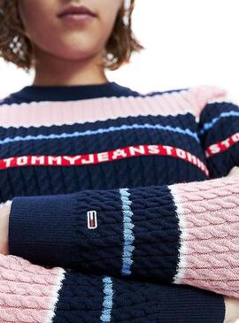 Pull Tommy Jeans Logo Stripe Pink Pour Femme