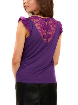 T-Shirt Naf Naf Puntillas Violet pour Femme