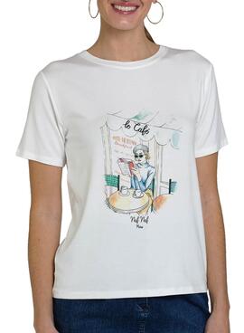 T-Shirt Naf Naf Le Café Blanc pour Femme