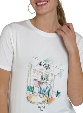 T-Shirt Naf Naf Le Café Blanc pour Femme