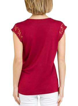 T-Shirt Naf Naf Puntillas Rouge pour Femme